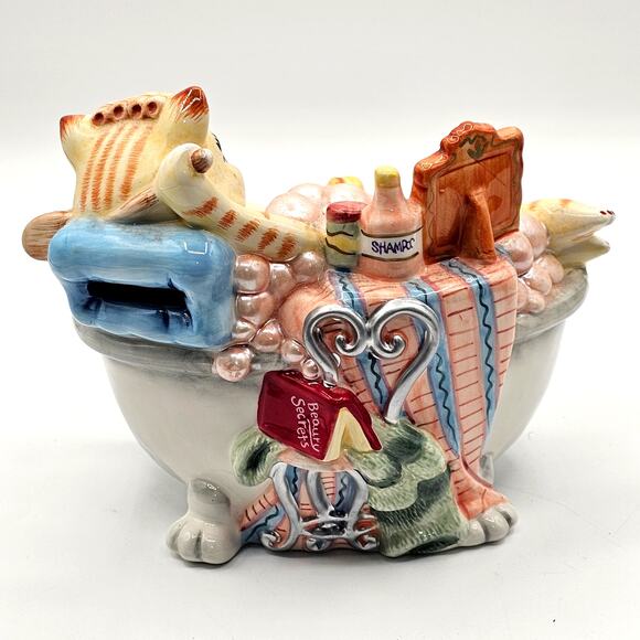 Fitz & Floyd Ceramic Cat & Mouse Bank-Totally Pampered Fund Bubble Bath-No Plug - Picture 2 of 10